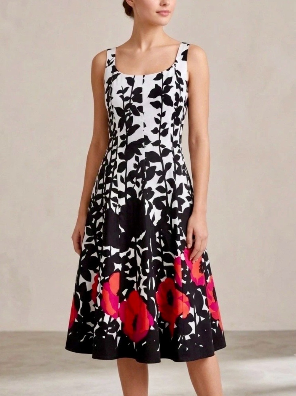Nine West Black & White Contrast Floral Midi Dress with Red-Pink Poppy Blooms